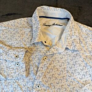 Tommy Bahama White Long Sleeve Button Up Shirt Geometric Silk Blend Womens Large